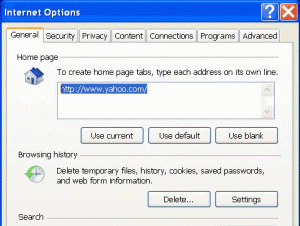 Internet Options dialog box for Internet Explorer