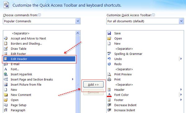 Customization Screen for the Quick Access Toolbar